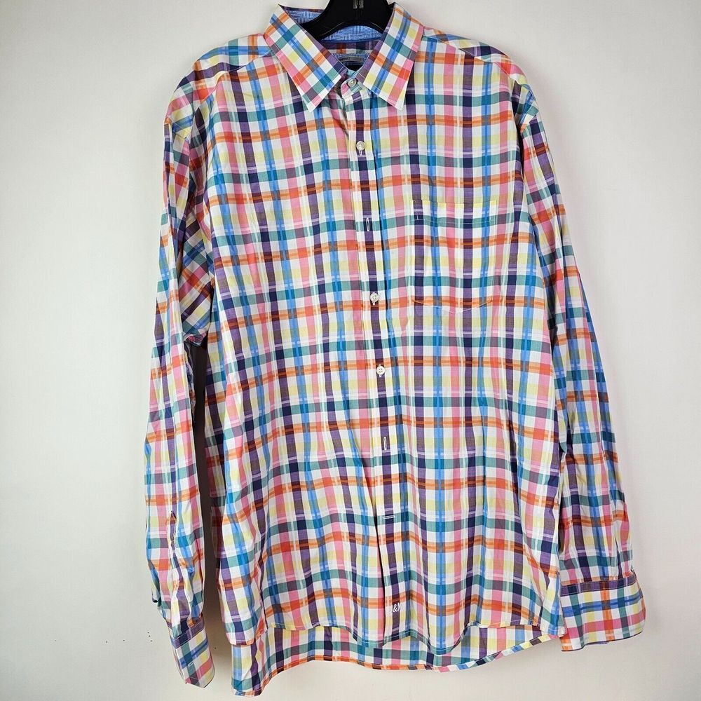 JOHNSTON MURPHY MENS XL TAILORED FIT BUTTON‎ UP SHIRT PLAID PASTEL PINK BLUE